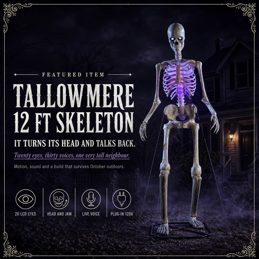 Tallowmere 12 ft Giant Skeleton in a foggy graveyard
