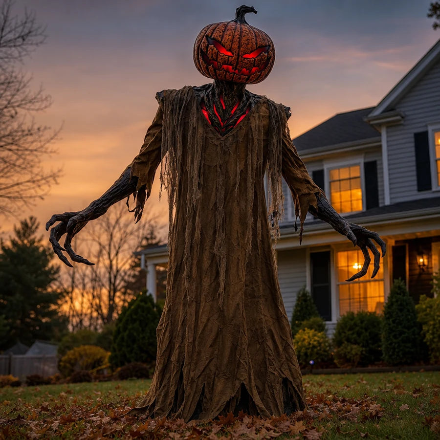The pumpkin-headed animatronic figure standing full height on a front lawn at dusk