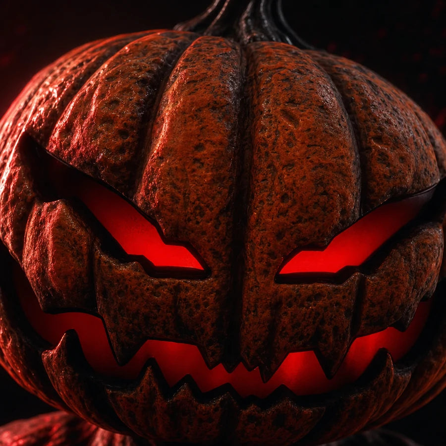 Extreme close-up of the carved pumpkin head with glowing red triangular eyes