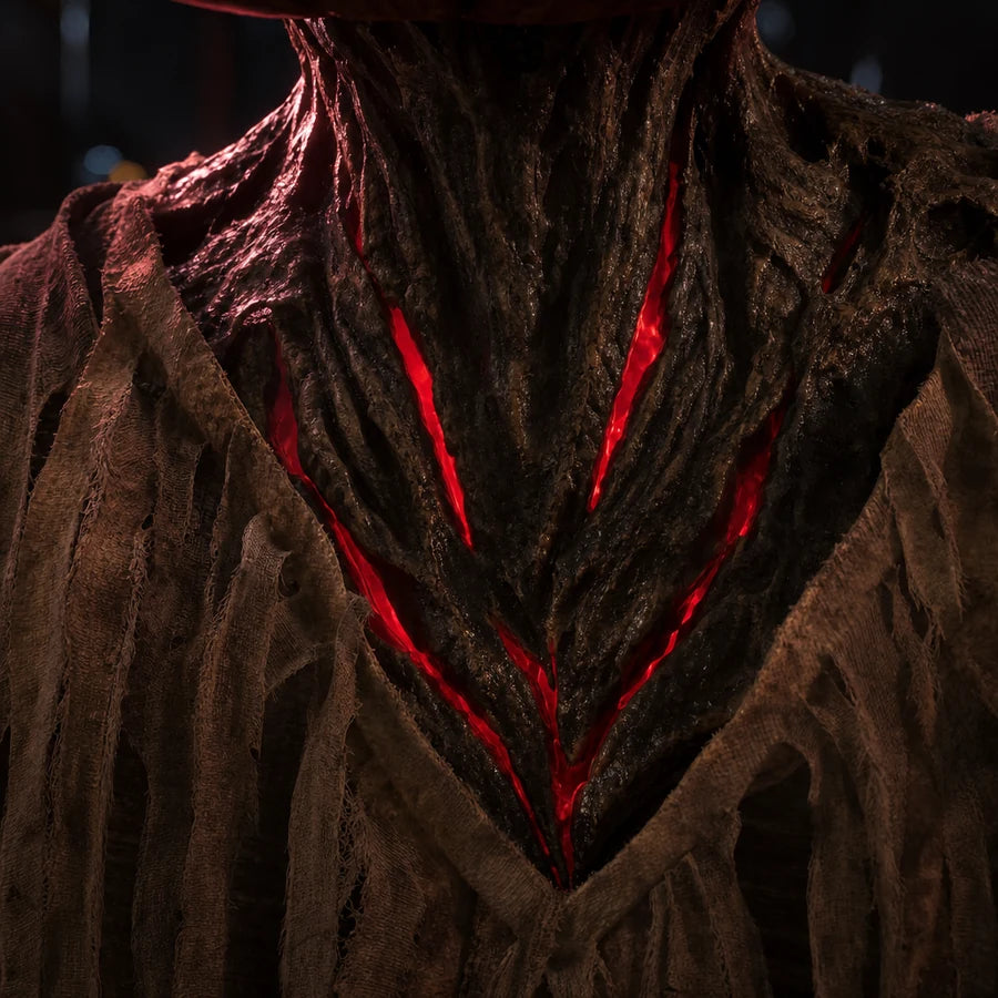 Close crop of the neck and chest showing narrow glowing red cracks