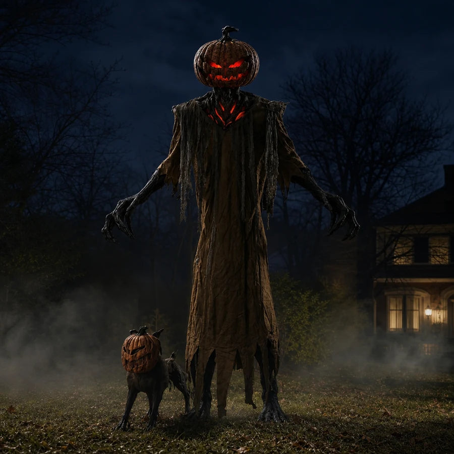 The figure's head and chest glowing red in a fully dark, foggy front yard at night