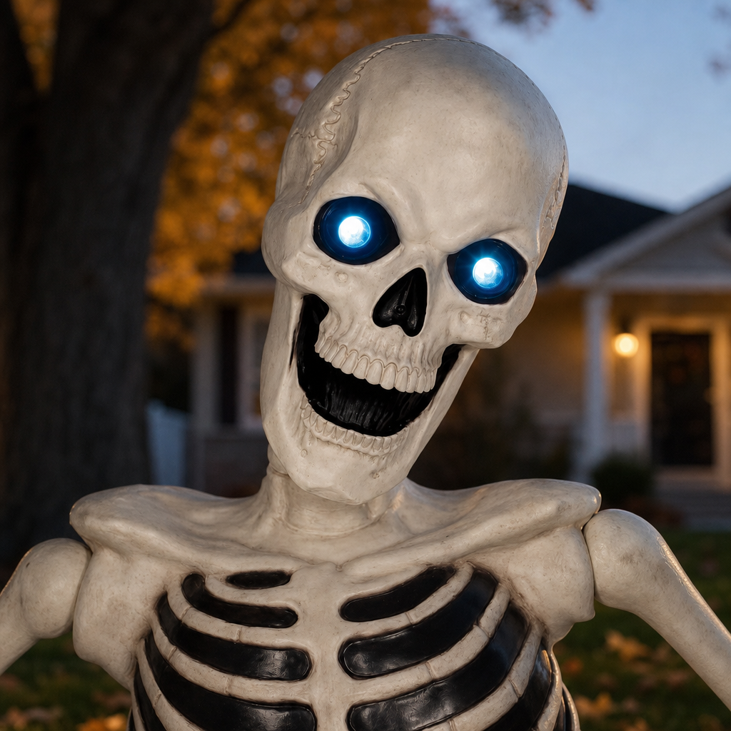 Close-up of the Barrowfield skeleton's glowing blue eyes and skull