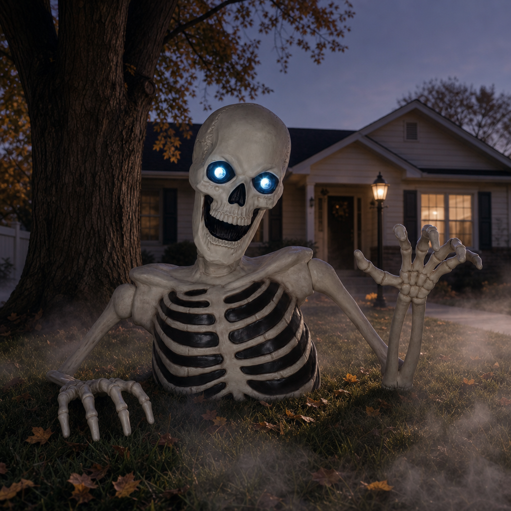 Barrowfield 4 ft Groundbreaker Skeleton emerging from the lawn at dusk with glowing blue eyes