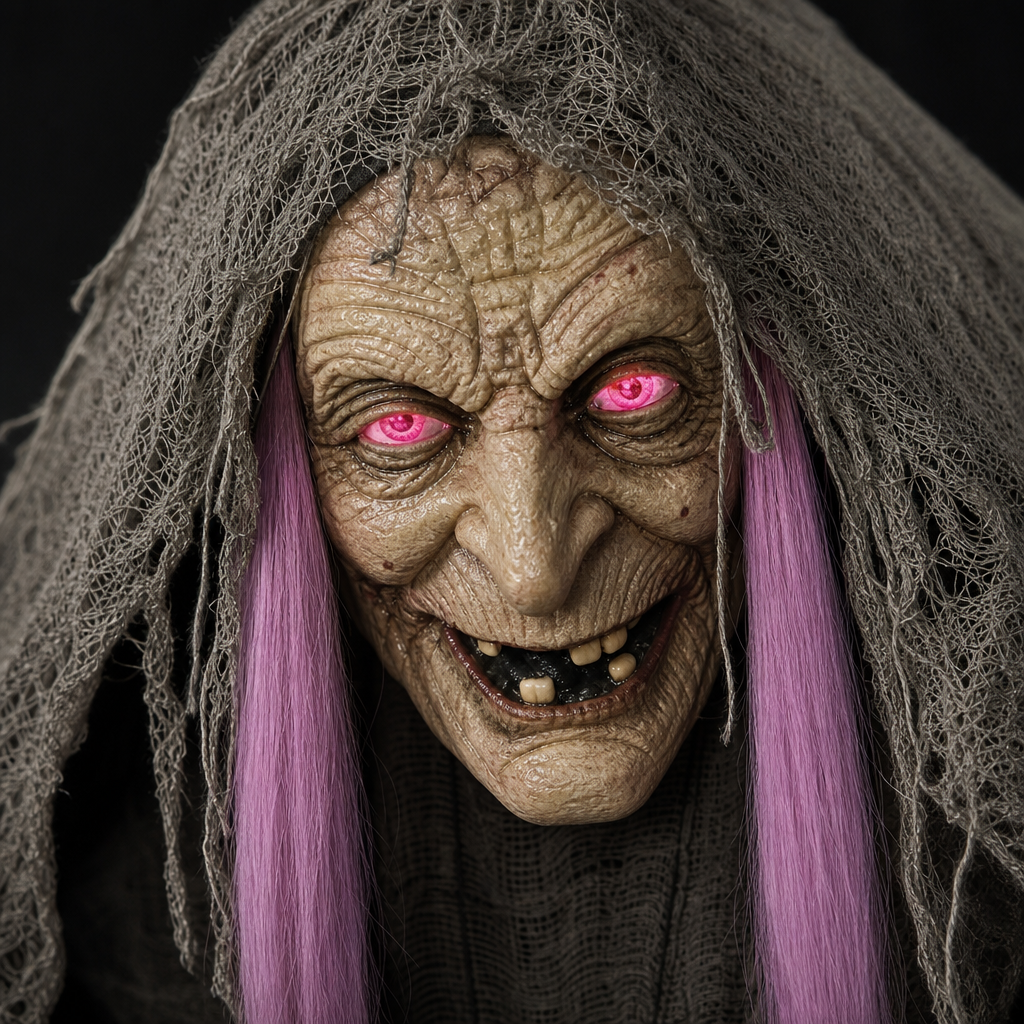 Close up of her face, deep lined skin and eyes lit solid pink under a grey burlap hood