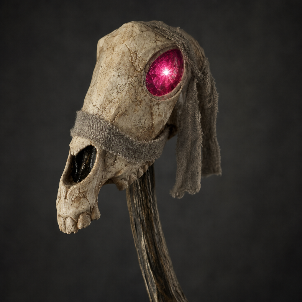 The carved skull on top of her staff, one socket holding a small pink LED