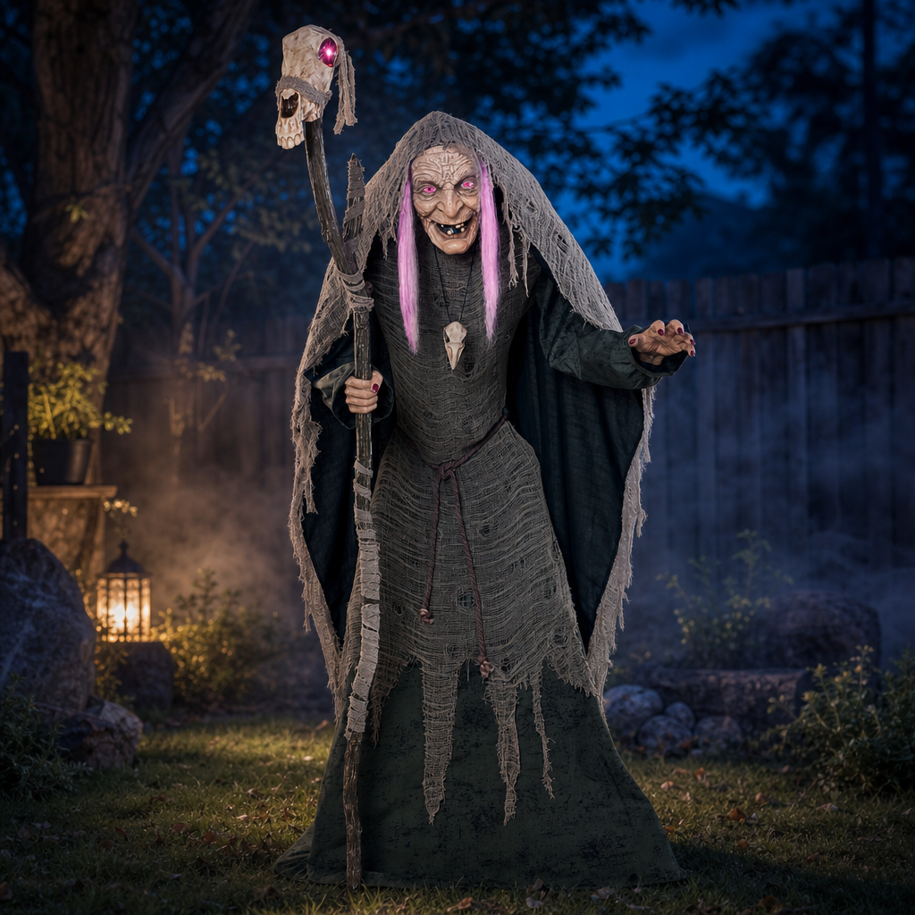 Hallowmere Witch Animatronic lit pink in a misty yard, staff skull glowing above her