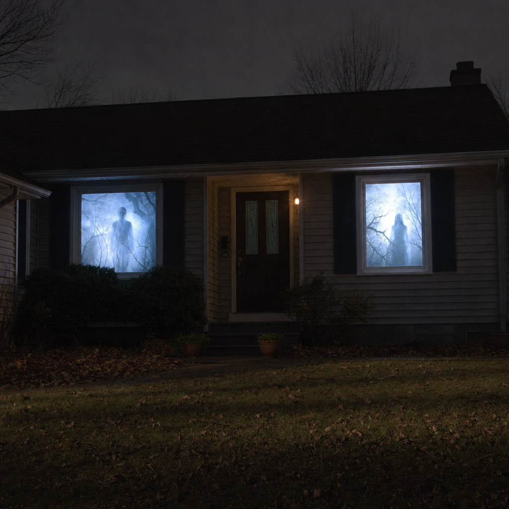 Hollowpane Window Projector lighting a house window at night