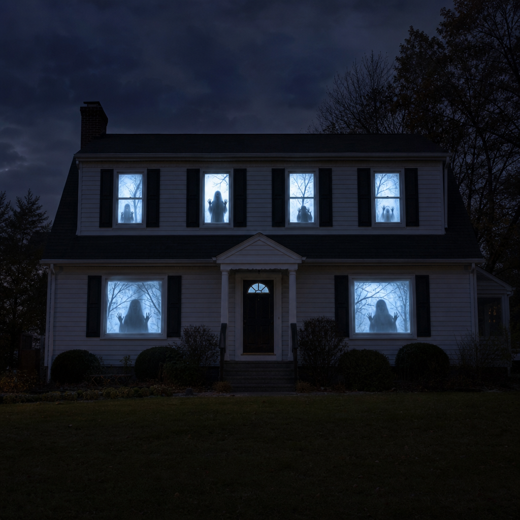 Four windows lit across a house front with Hollowpane projectors